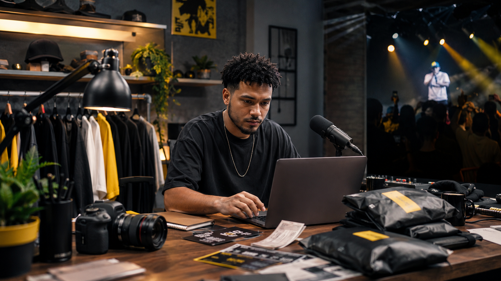Criador independente administra conteúdo, produtos de streetwear e evento musical em seu estúdio