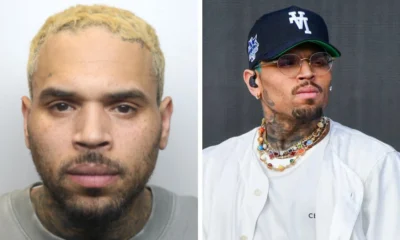 Montagem com a foto de registro policial de Chris Brown e o cantor de boné em show