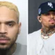 Montagem com a foto de registro policial de Chris Brown e o cantor de boné em show