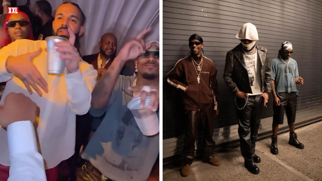 Drake e Future juntos na festa de 40 anos de Drake em Nova York, ao lado de foto de Travis Scott e convidados