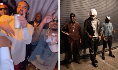 Drake e Future juntos na festa de 40 anos de Drake em Nova York, ao lado de foto de Travis Scott e convidados