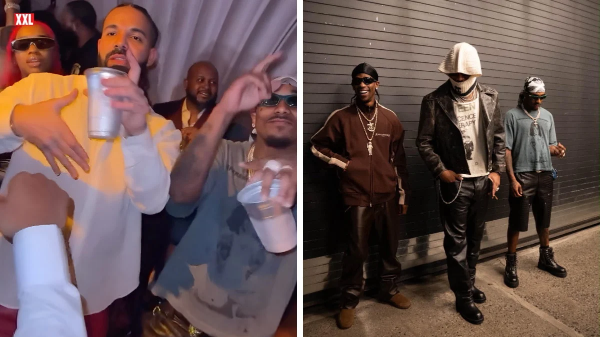 Drake e Future juntos na festa de 40 anos de Drake em Nova York, ao lado de foto de Travis Scott e convidados