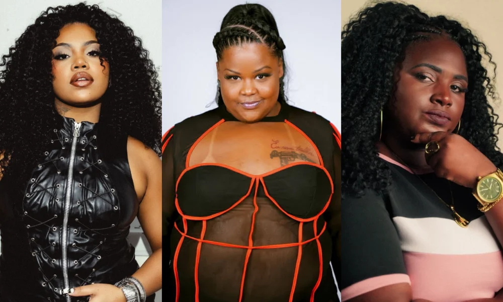 Duquesa, MC Carol e Kmila CDD em fotos lado a lado, atrações do Festival Favela Cria