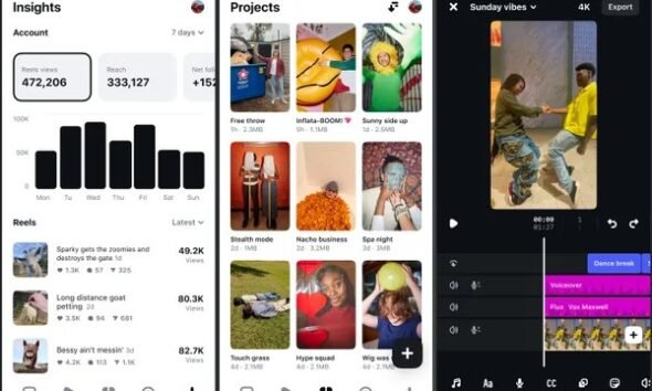 Telas de métricas, projetos e edição de vídeo do Instagram Edits