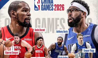 Arte dos NBA China Games 2026 com jogadores de Rockets e Mavericks