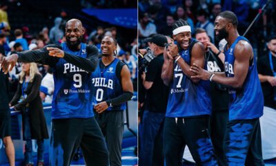 LeBron James, Tyrese Maxey, VJ Edgecombe e Jaylen Brown com o Philadelphia 76ers