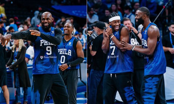 LeBron James, Tyrese Maxey, VJ Edgecombe e Jaylen Brown com o Philadelphia 76ers