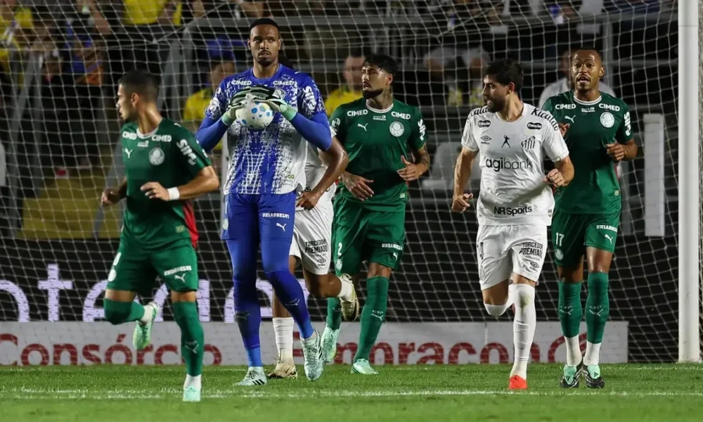 Goleiro Carlos Miguel, do Palmeiras, em ação no clássico Santos x Palmeiras na Vila Belmiro