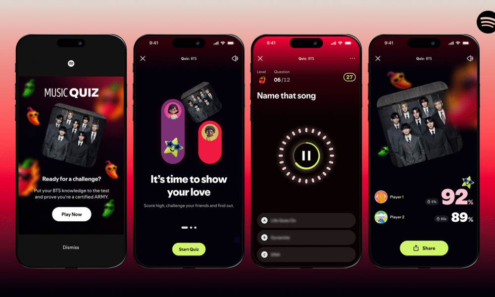 Interface do Spotify Music Quiz em celulares