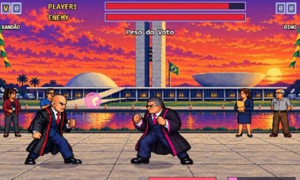 Cena do game Supremo Tribunal Fighter, criado com inteligência artificial e inspirado em jogos de luta