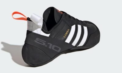Detalhe lateral do adidas Samba Climbing preto, com as Três Listras e a sola técnica Five Ten